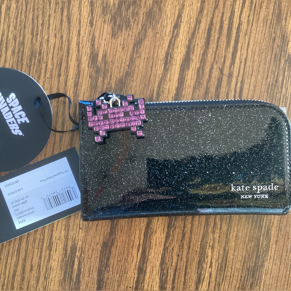 Kate Spade Space Invaders Glitter Patent Small Slim Bifold Wallet, NWT